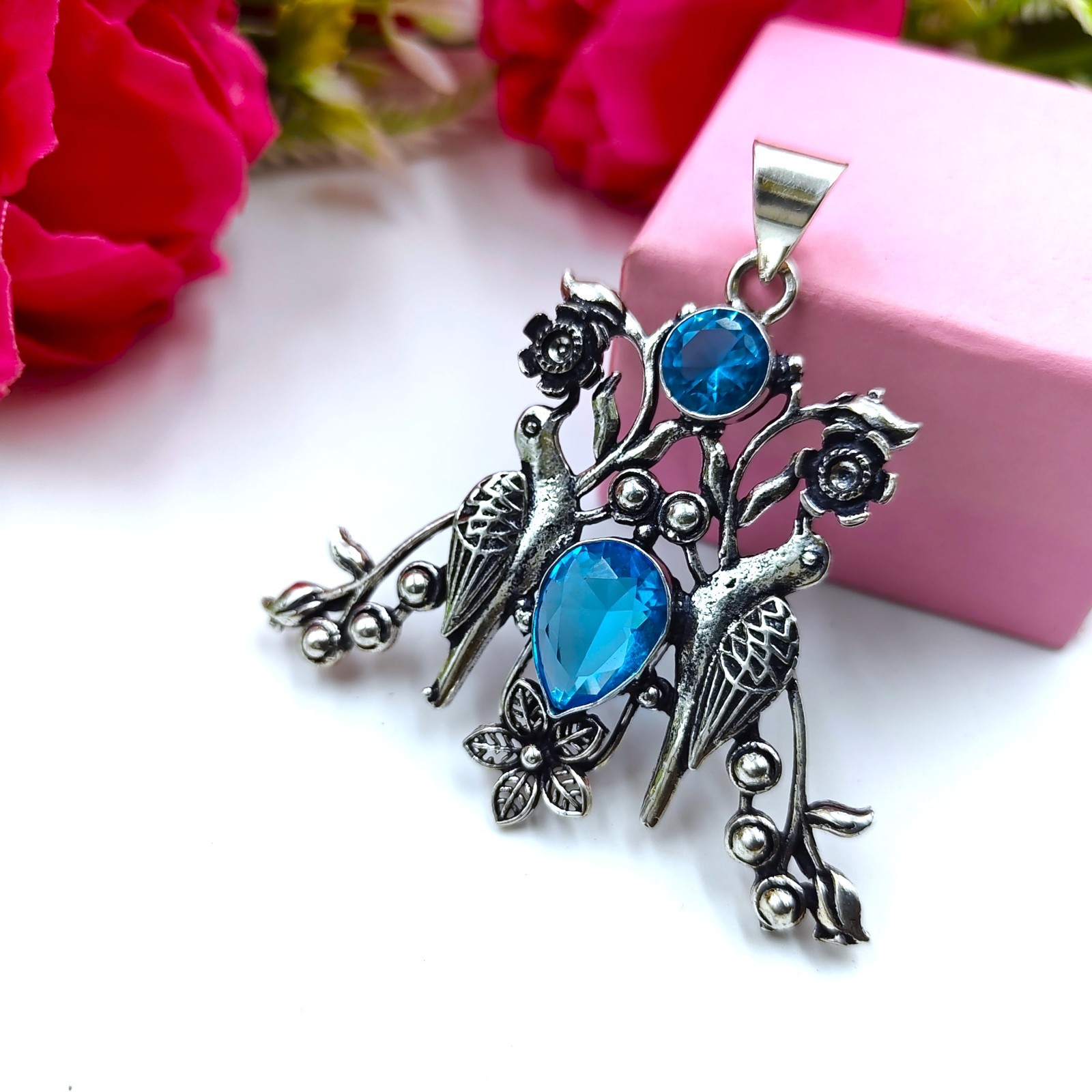 Swiss Blue Topaz Gemstone Handmade 925 Sterling Silver Jewelry Pendant Sz 2.25″