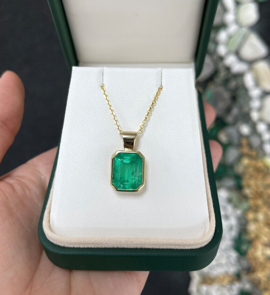 3.00CT Bezel Set 14K Yellow Gold Certified Women’s Pendant Natural Green Emerald