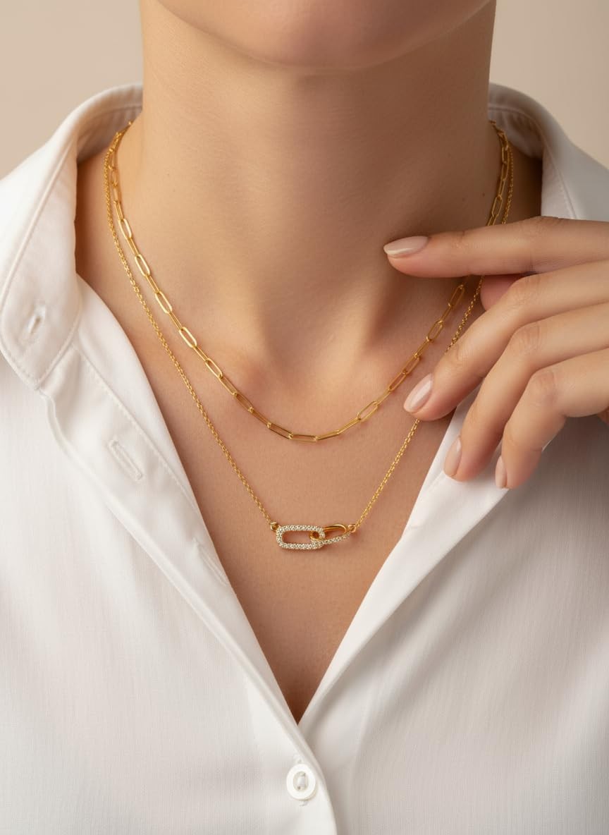 2 Pcs Gold Paperclip Necklace for Women, Layered Paper Clip Necklace Dainty Gold