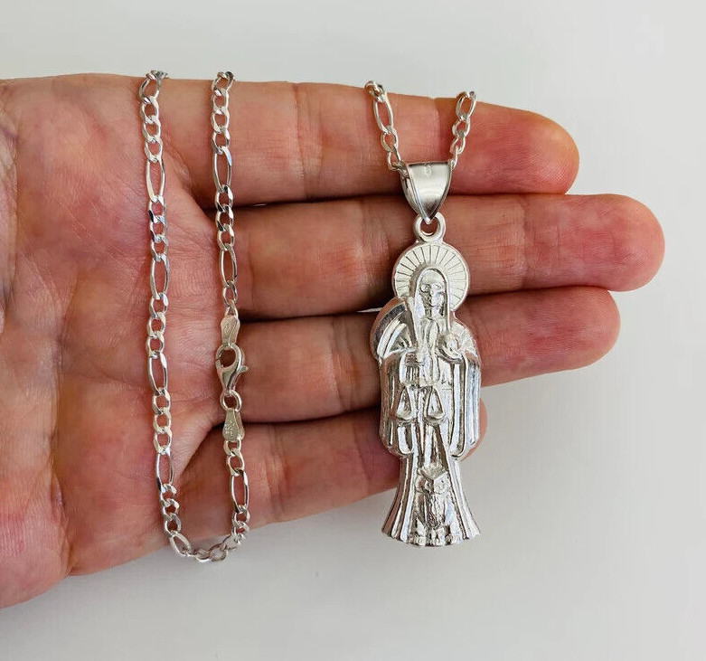 925 Sterling Silver Grim Reaper Santa Muerte Pendant / Figaro Necklace- ESP35