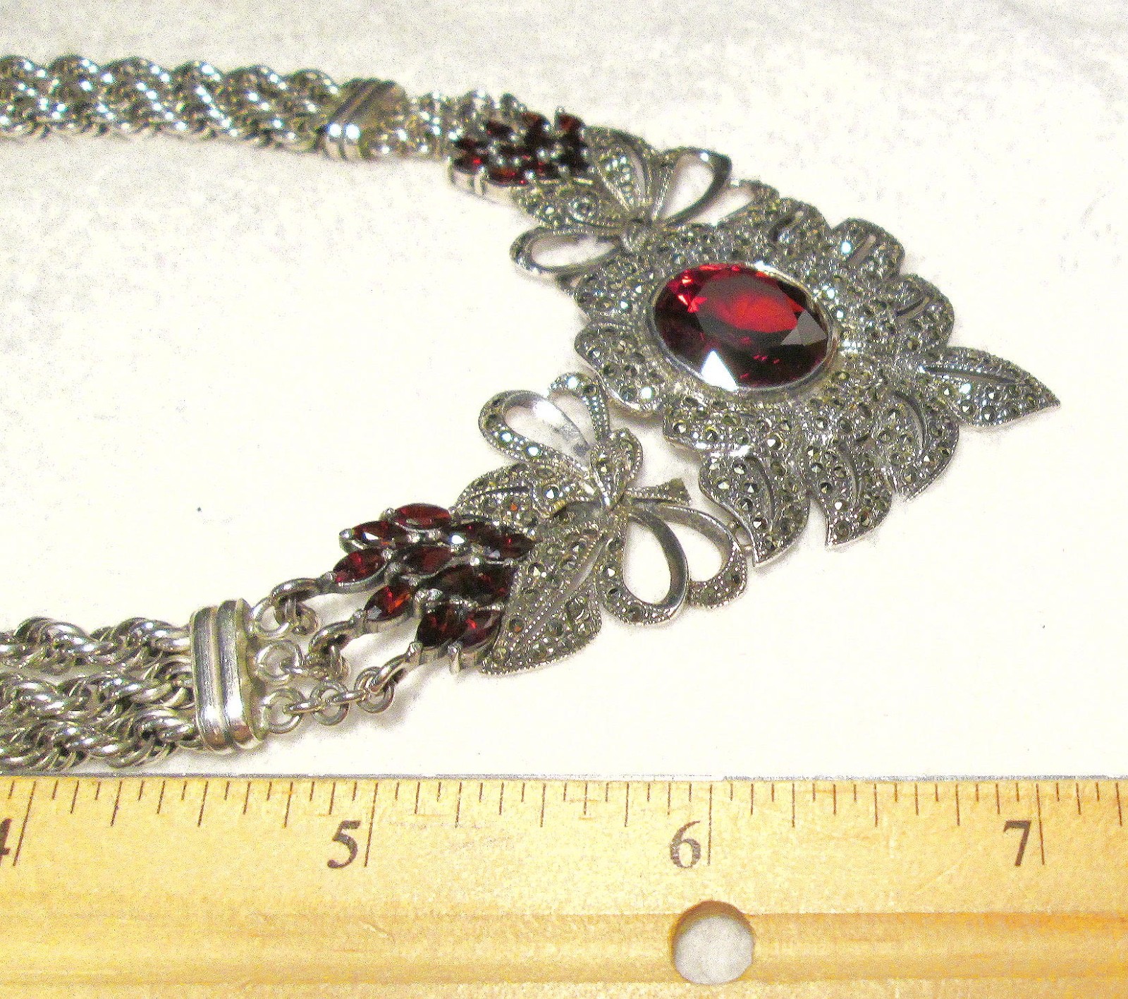 STATEMENT PIECE Sterling Silver Large GARNET MARCASITE Necklace STUNNING 76.7 G
