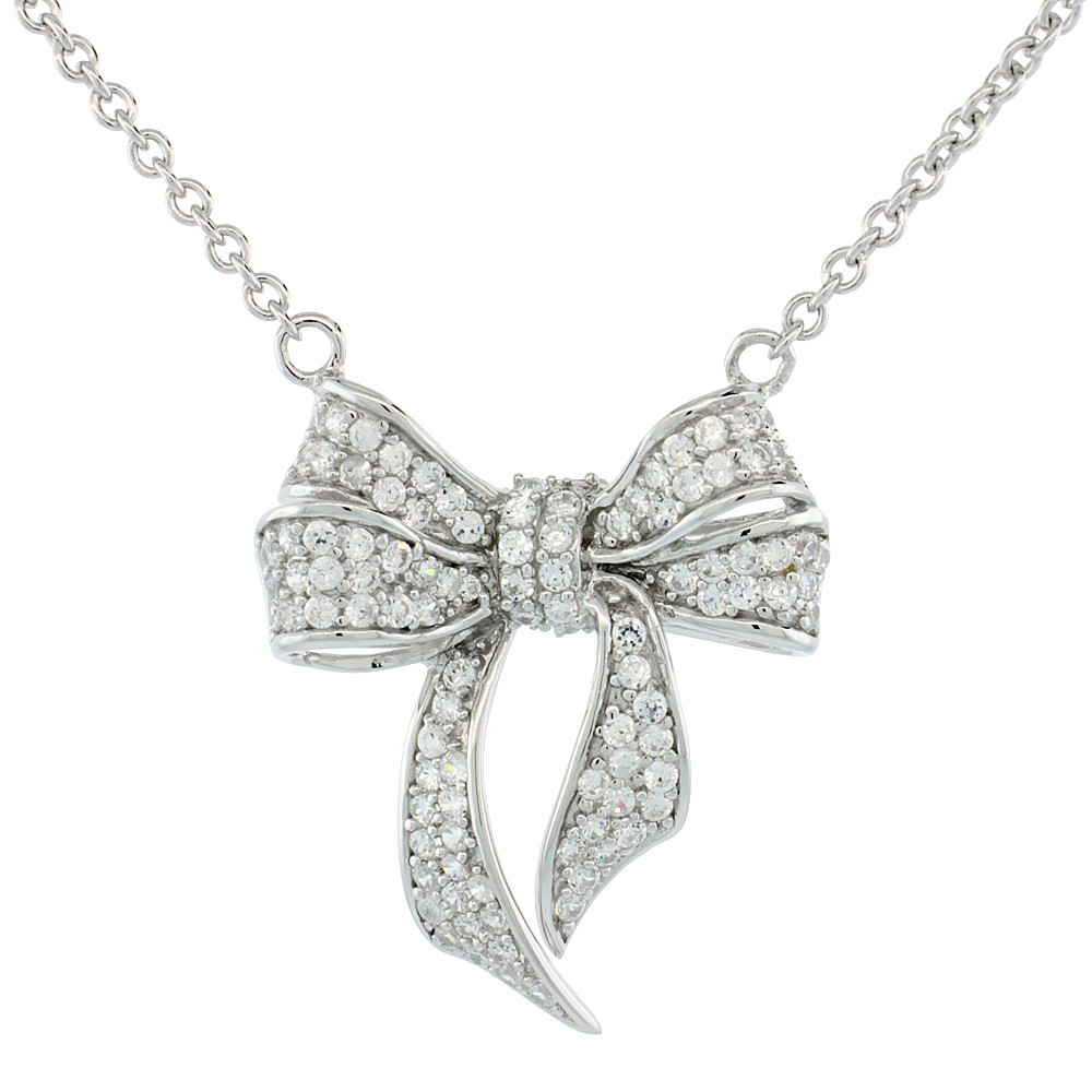 925 Sterling Silver Micro Pave CZ Bow Necklace 1 1/32 (26mm) Inch Tall