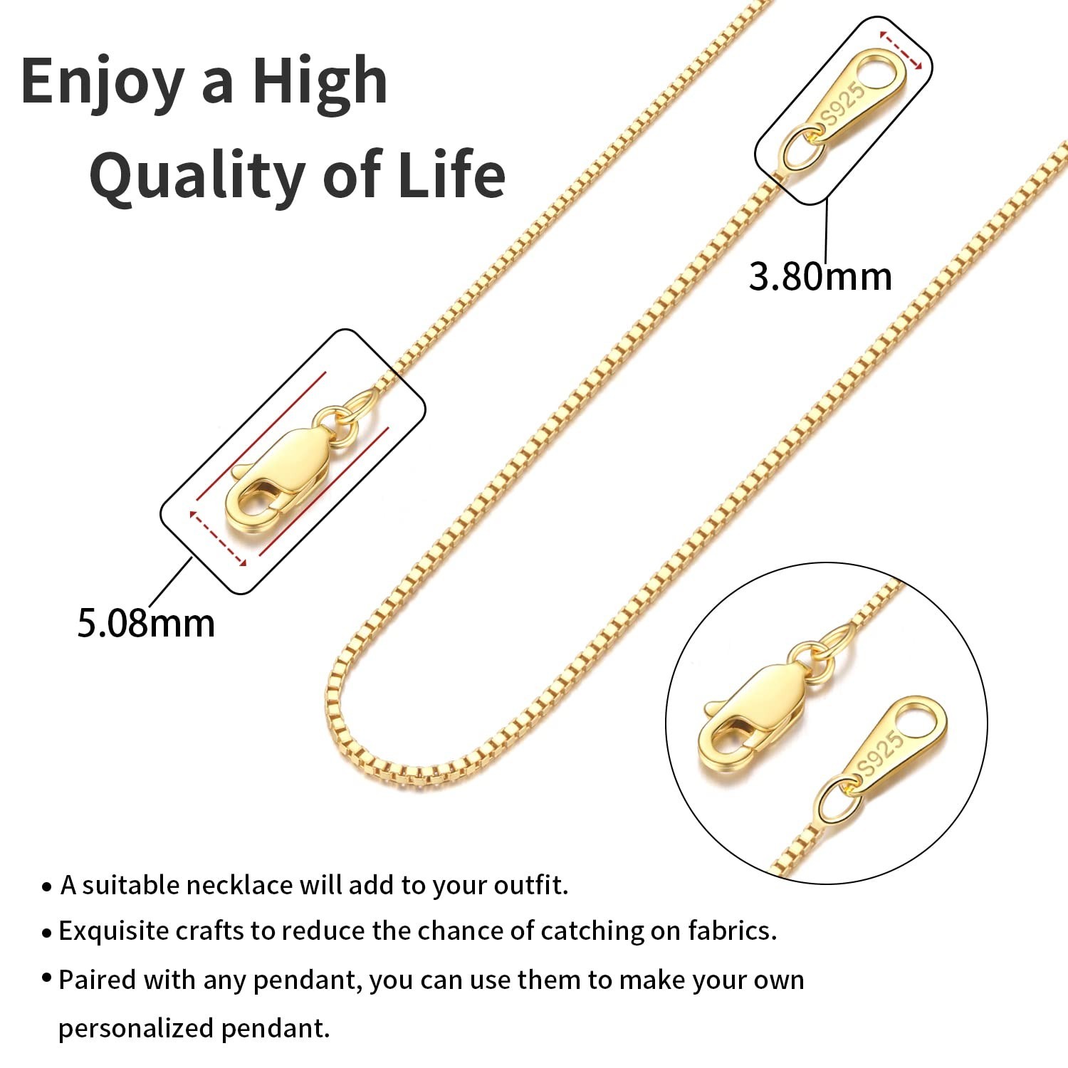 18K Gold Plated 925 Sterling Silver Box Chain Necklace for Women, Thin & Strong,