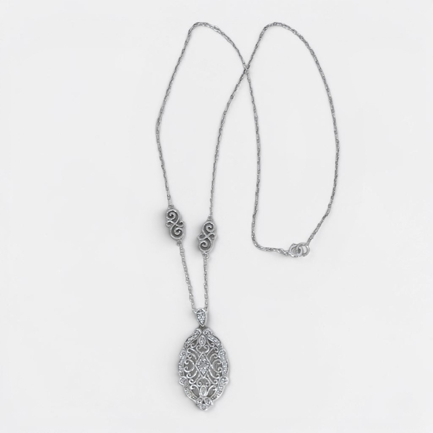 Vintage 925 Sterling Silver Victorian Style Filigree Pendant Necklace Marcasite