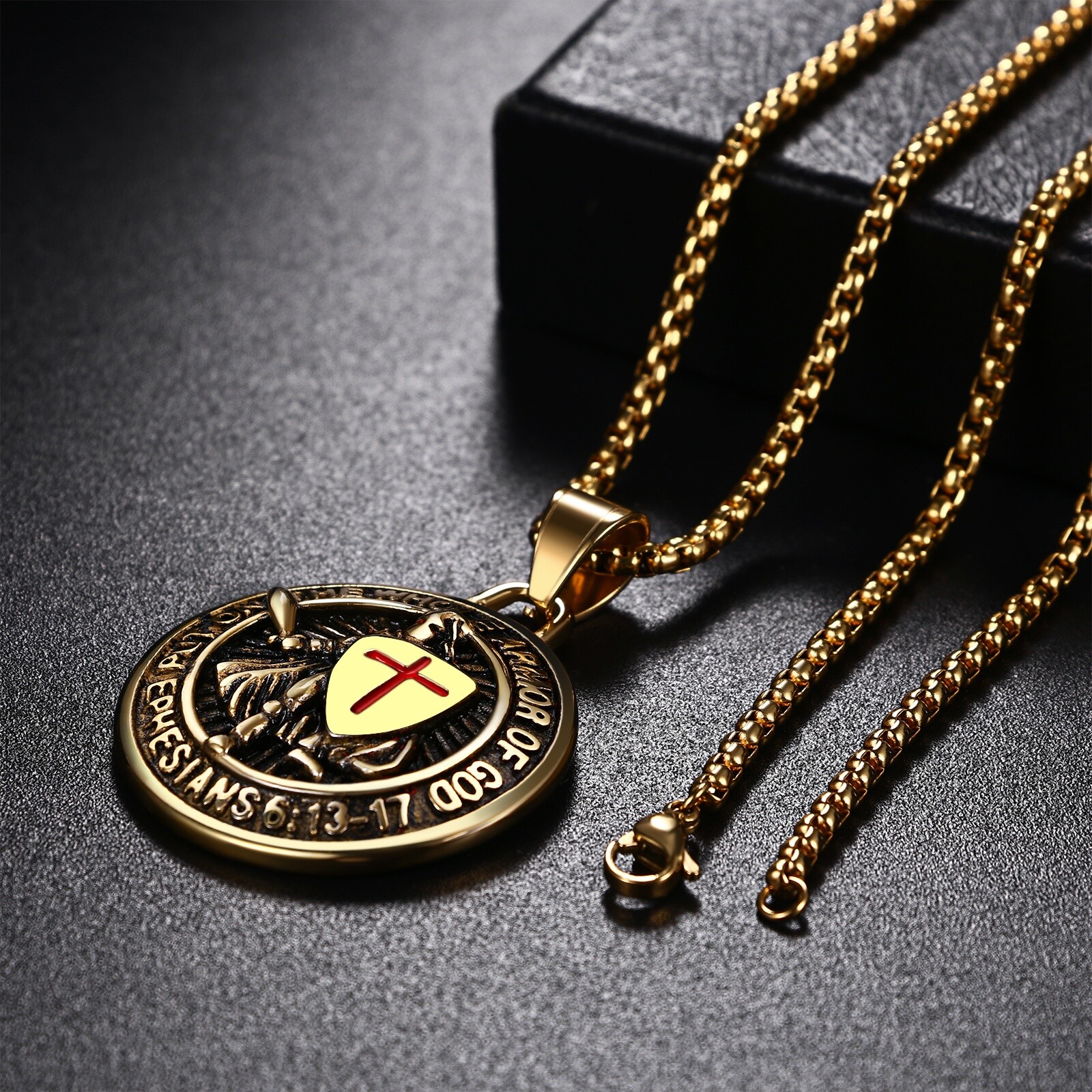 Round Shield Archangel Saint Michael Stainless Steel Medal Amulet Men’s Necklace