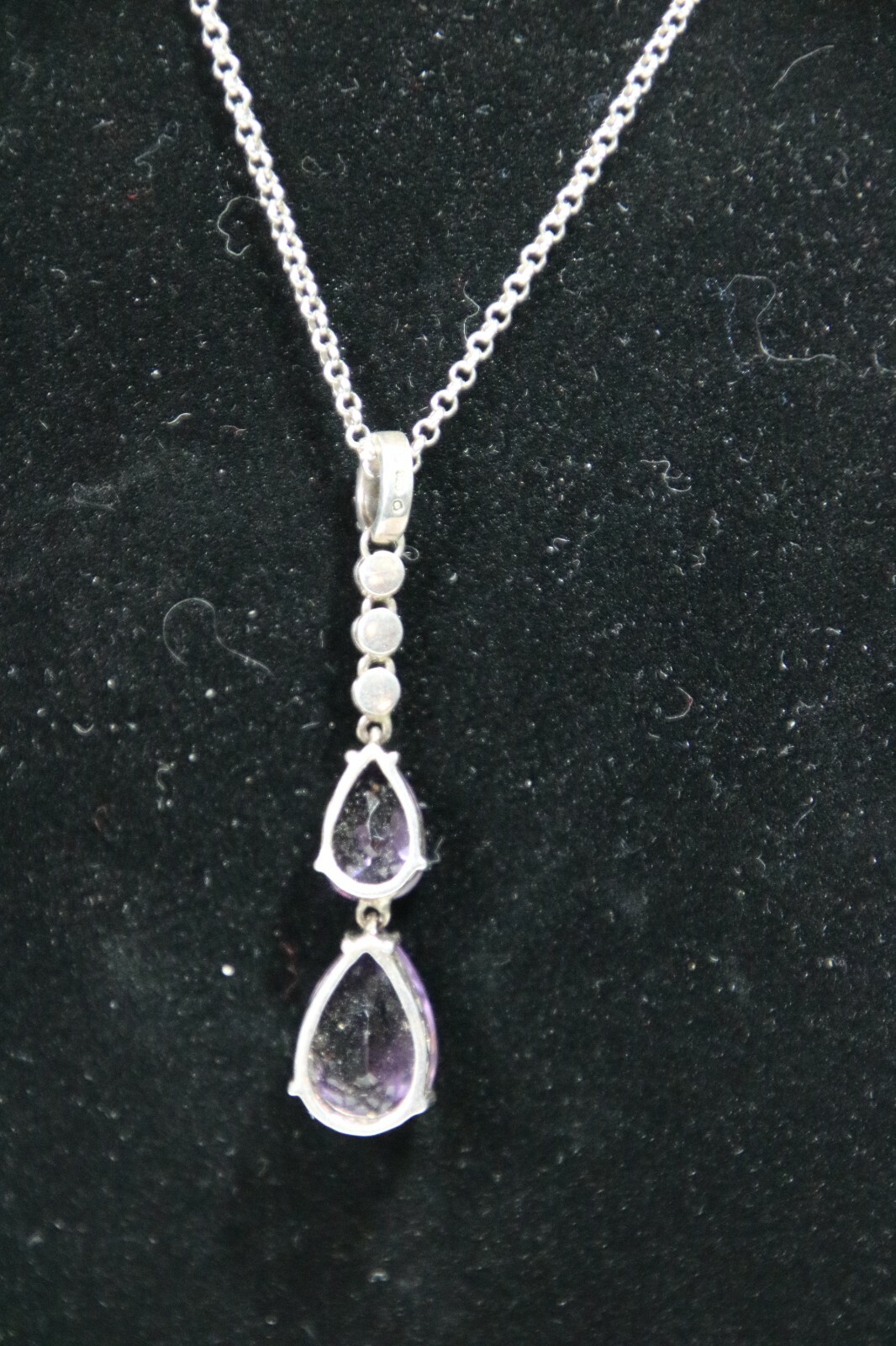 Two Pear Shaped Amethysts and Marcasite Sterling Silver Pendant Necklace 5 Grams