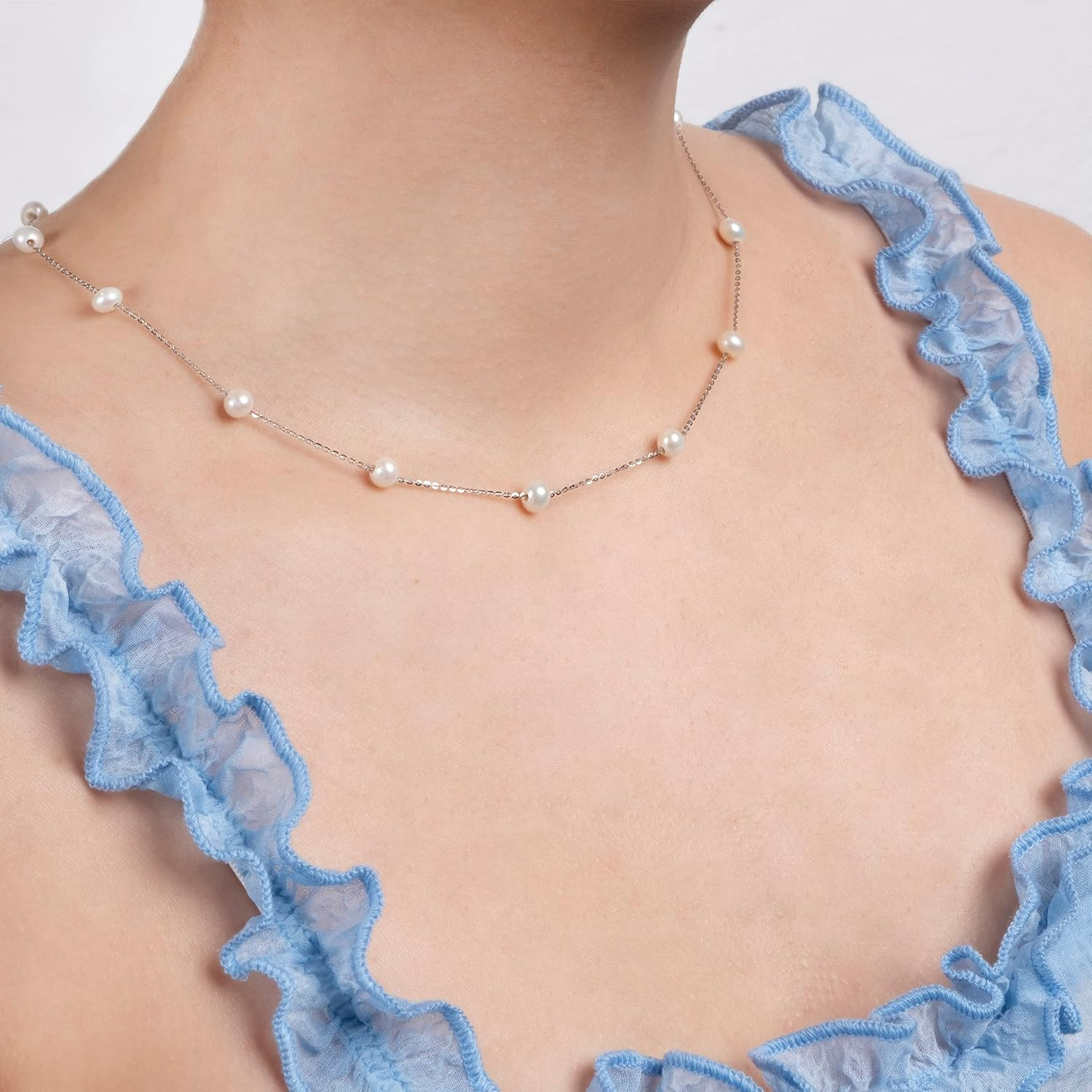 925 Sterling Silver Dainty Freshwater Cultured Pearl Choker Necklace White Genui