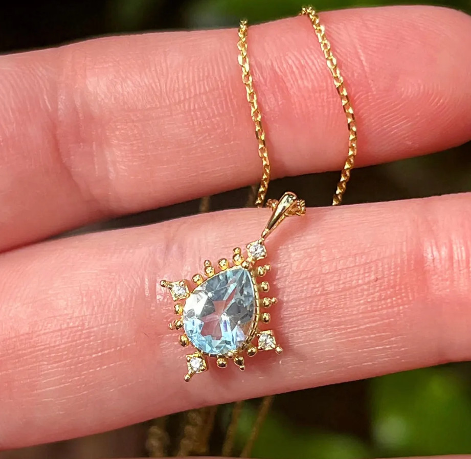 Gold Plated Teardrop Blue Aquamarine Necklace 925 Silver Aquamarine Pendant Gift