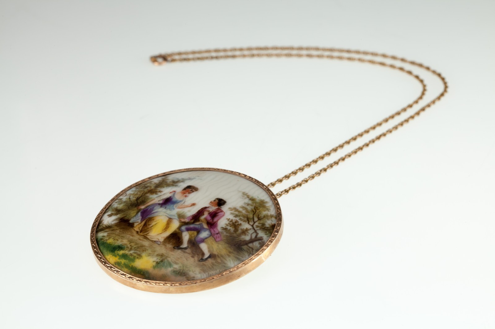 Unique Victorian Hand Painted Porcelain Pendant in 14k Yellow Gold Frame 57mm