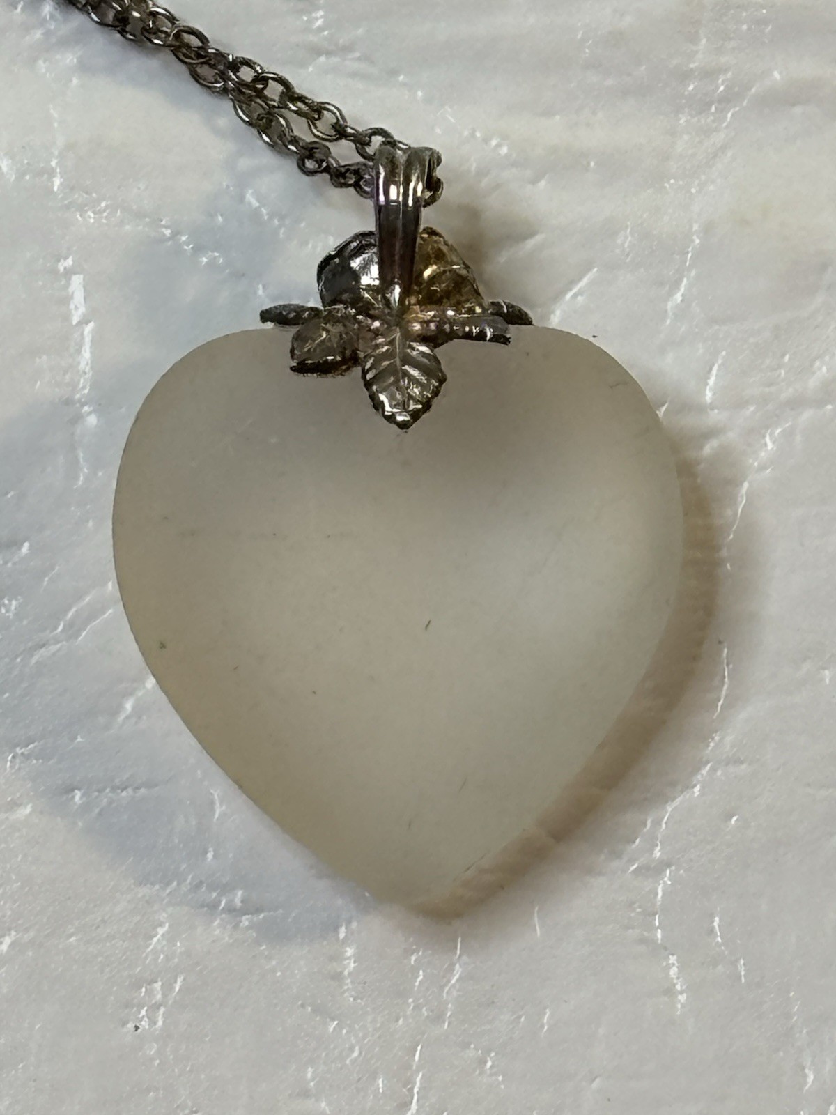Satin Glass Heart Necklace Sterling Chain and Rose Attachment Floral Gemstone