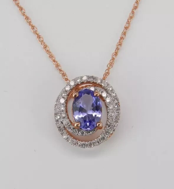14K Rose Gold Plated 2Ct Oval Lab Created Blue Tanzanite Halo Pendant Necklace