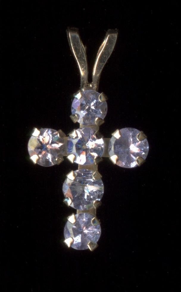 New 10K 16mm Solid Yellow Gold Round Blue Iolite Gemstone Cross Pendant (te