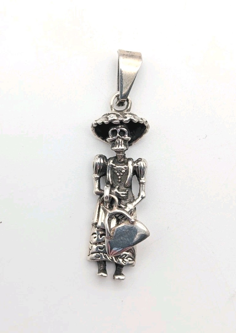 Catrina Day Of The Dead Sterling Silver Pendant w/ Dangle Purse Skeleton Skull
