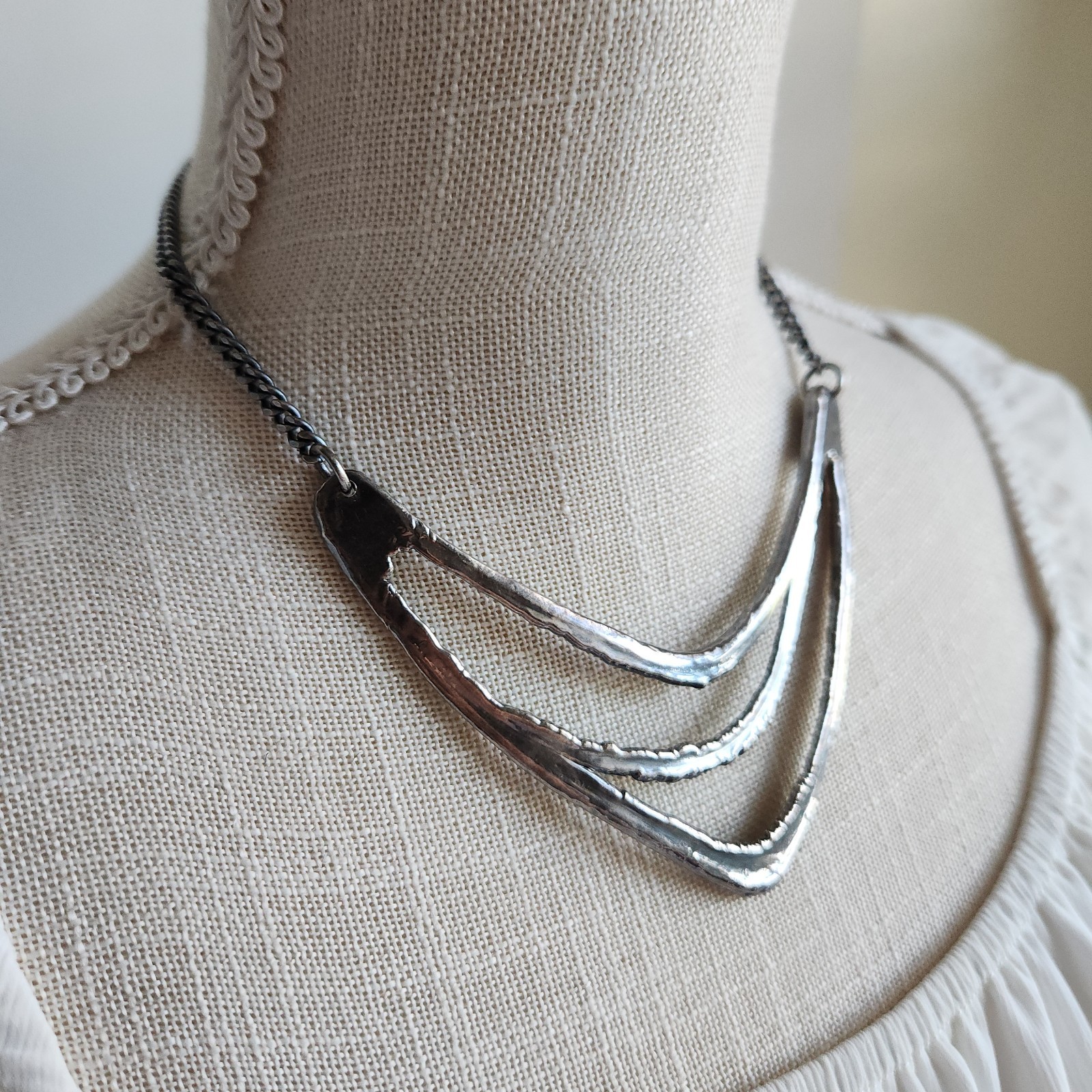 Artisan Hammered Oxidized Silver Necklace by AJ | Layered Abstract Modernist