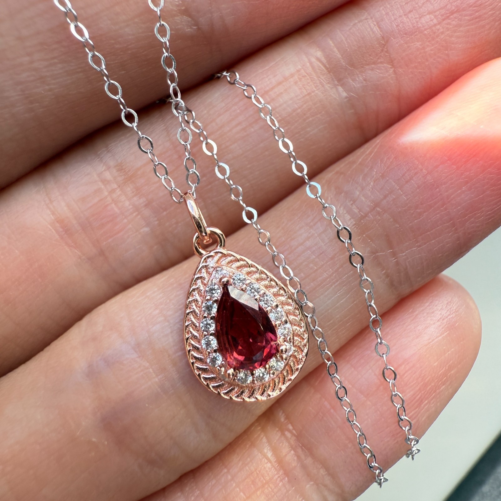 925 Sterling Silver Necklace 6x4mm Natural Garnet Gemstone Zircon Handmade Chain