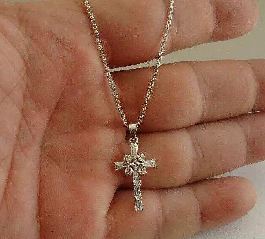 1.30Ct Baguette Cut Diamond Cross Pendant 14K White Gold Finish With 18″Chain