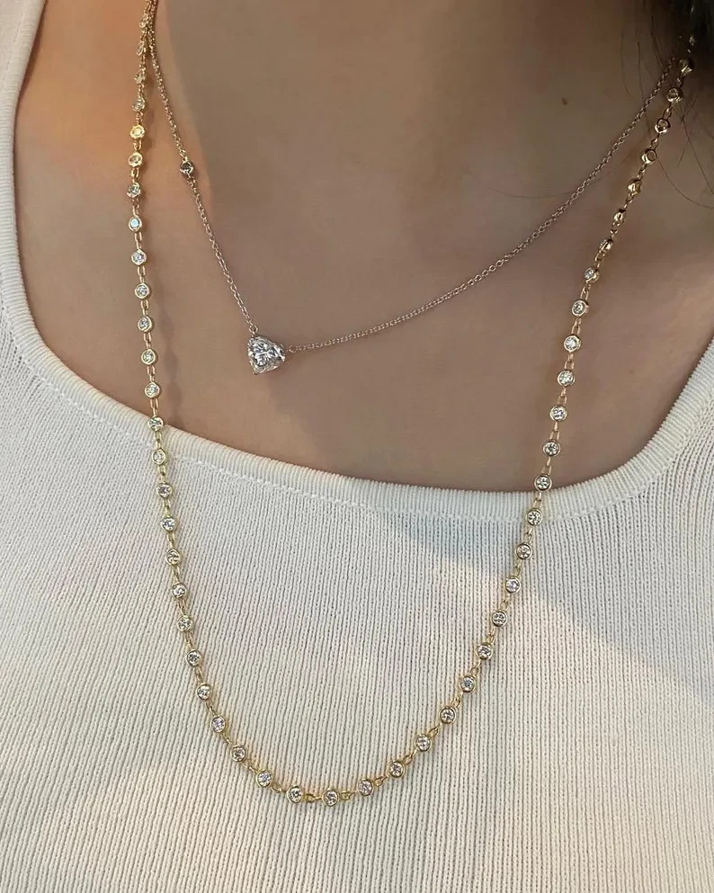 14k Yellow Gold Plated 7 Carat Diamond Minimalist Tennis Necklace Bezel Set