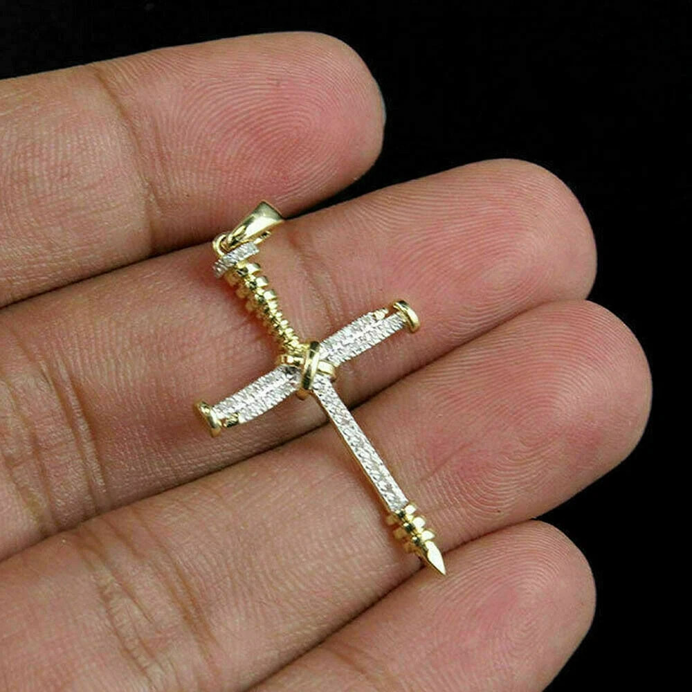 1.00 Ct Round Lab Created Moissanite Cross Pendant Charm 14k Yellow Gold Plated