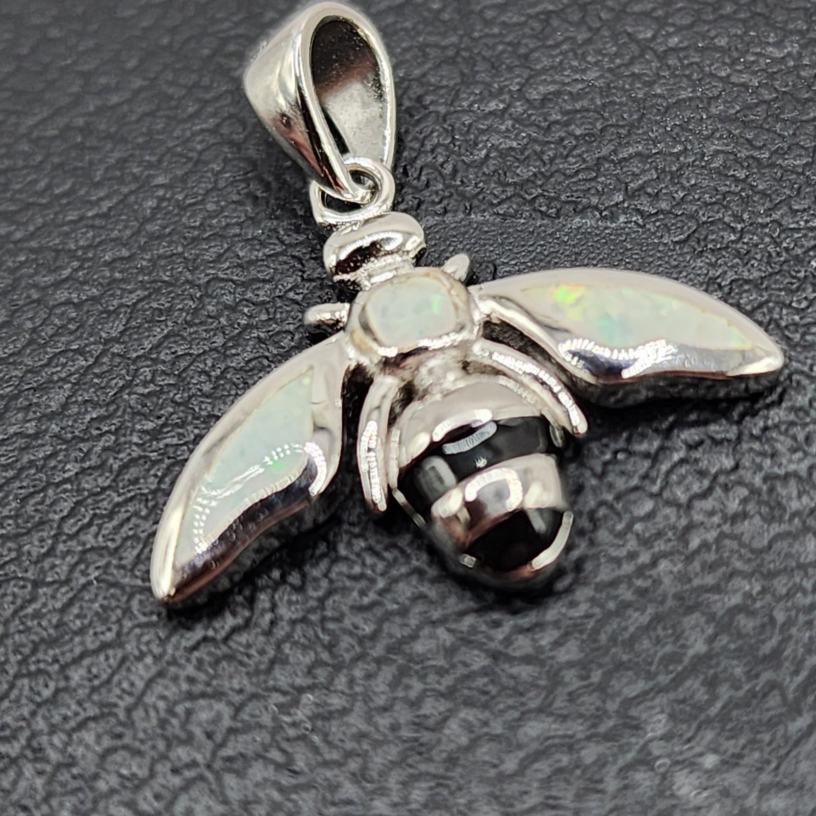 925 NEW Sterling Silver Pendant- BEE w/Lab Created Opal 17mm Length 19 Width…