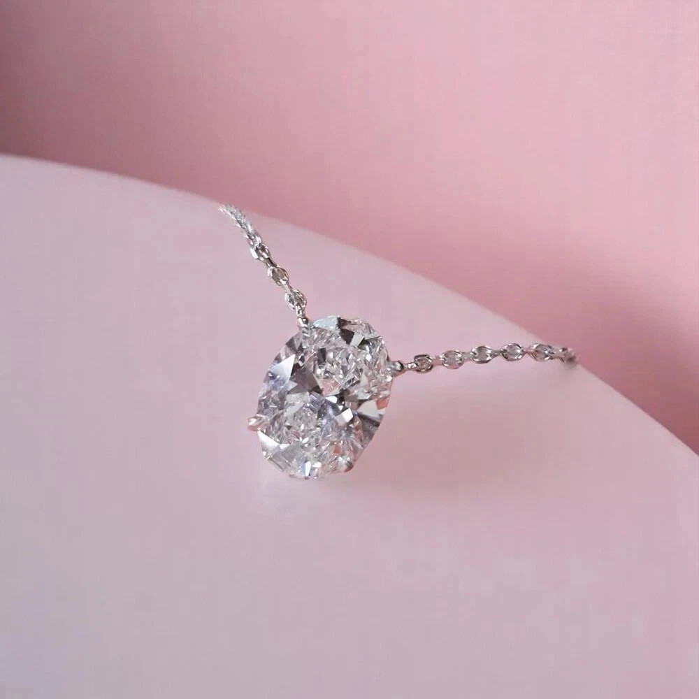 3Ct Oval-Cut VVS1 Moissanite Solitaire Pendant Necklace 14K White Gold Plated