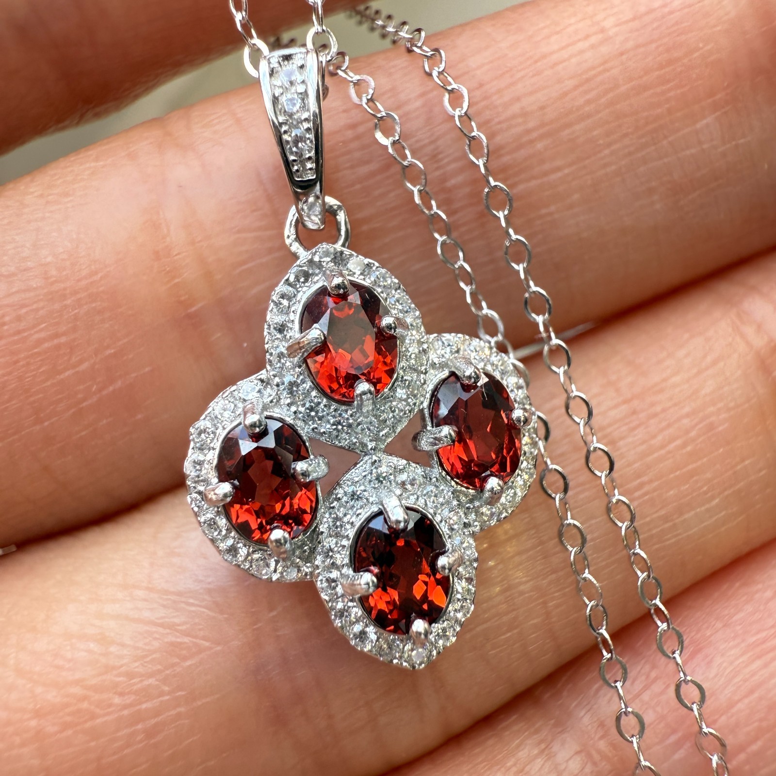 925 Sterling Silver Necklace 4x3mm Natural Garnet Gemstone Zircon Flower Chain