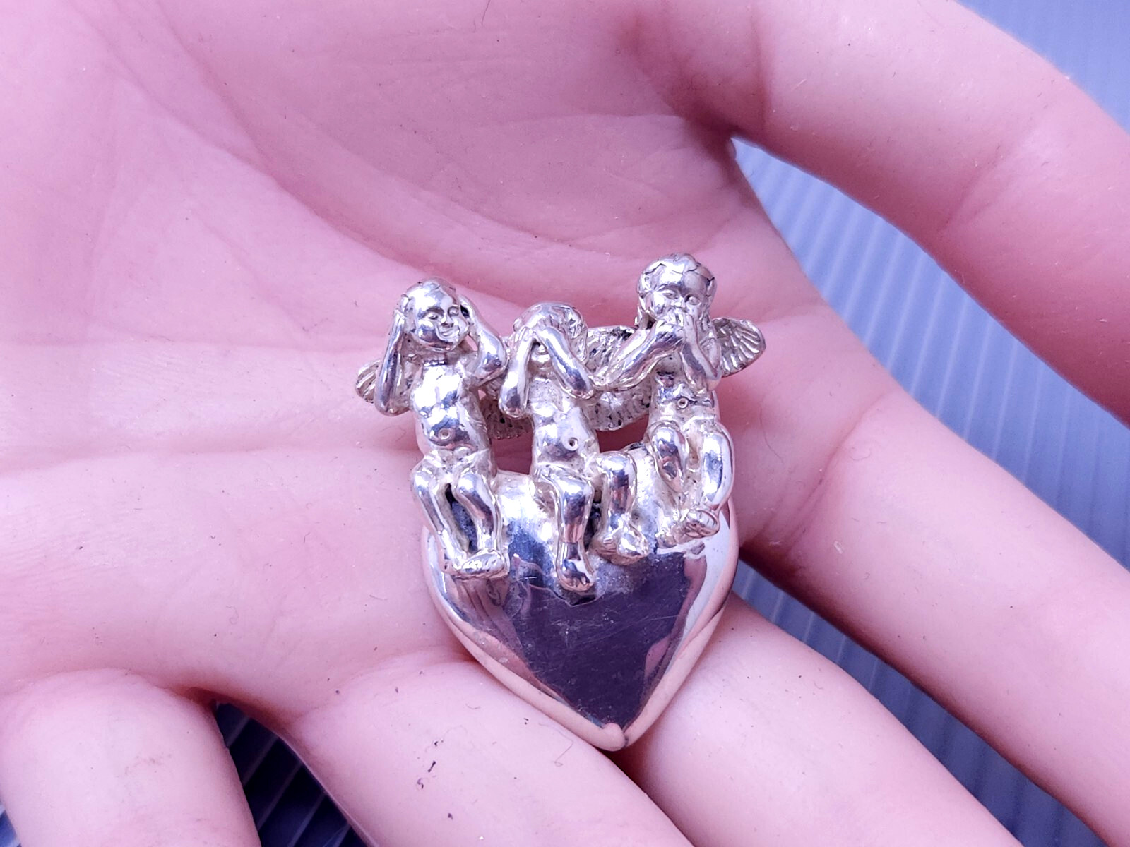 Vintage Sterling Silver KABANA Three ANGELS HEART Pendant