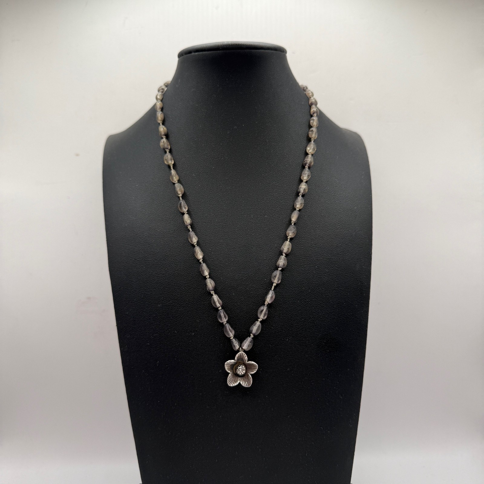 Vintage Grey Smokey Beaded Necklace 925 Sterling Silver Flower Pendant Boho Goth