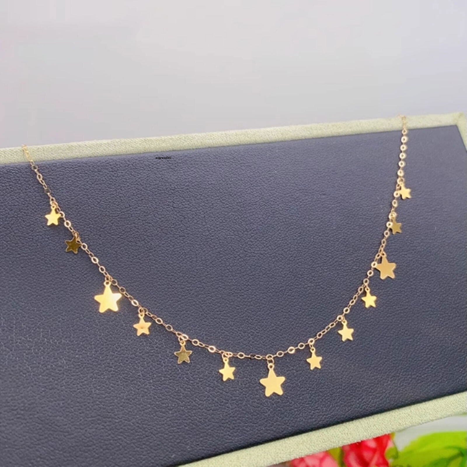 Pure 18K Yellow Gold Chain Women Star Tassel O Link Adjust Necklace 17.3inch