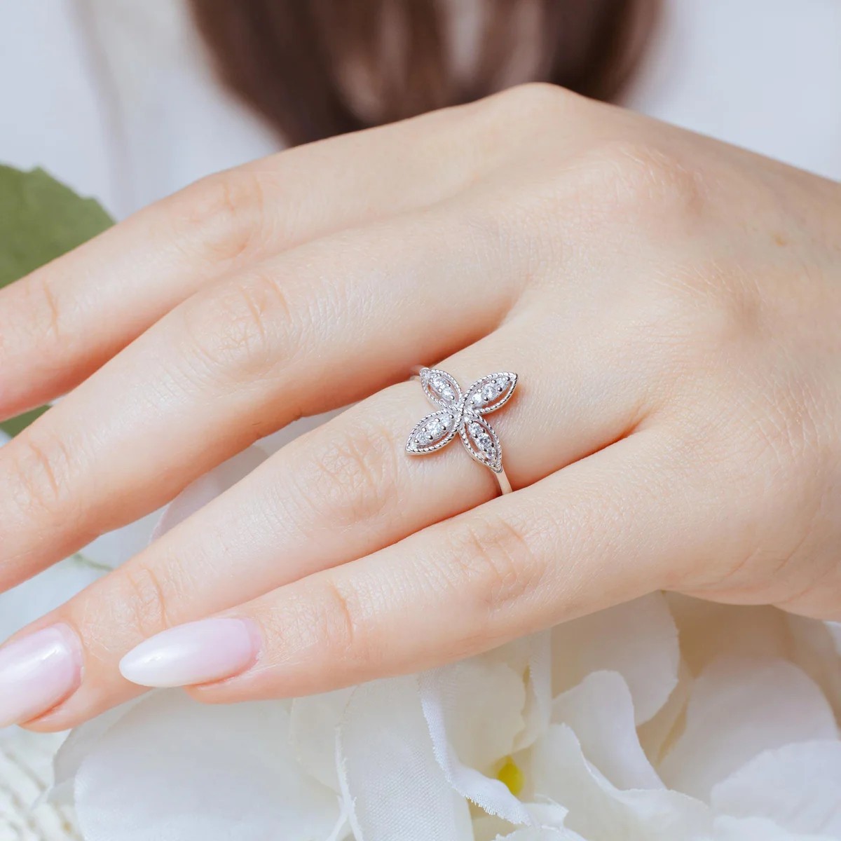 Sterling Silver 925 Rhodium Plated Four Petal Ring with CZ