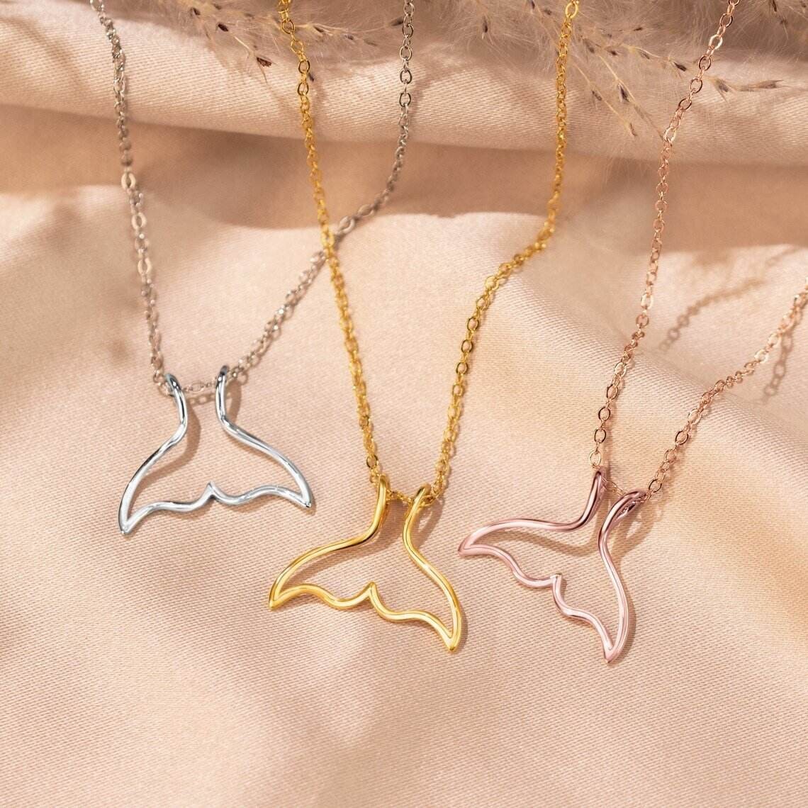 Rose Gold Whale Tail Pendant Necklace Ocean Inspired Minimalist Marine Jewelry