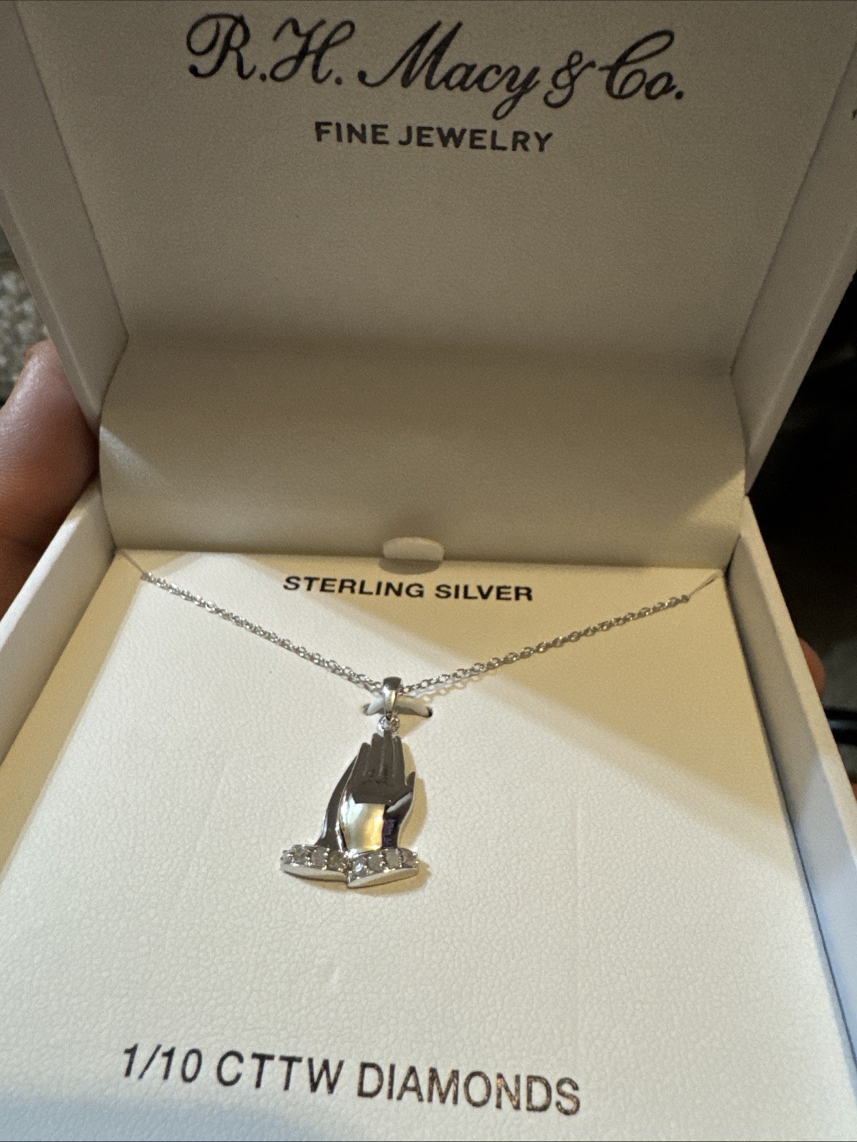 Diamond Praying Hands 18″ Pendant Necklace Sterling Silver 925