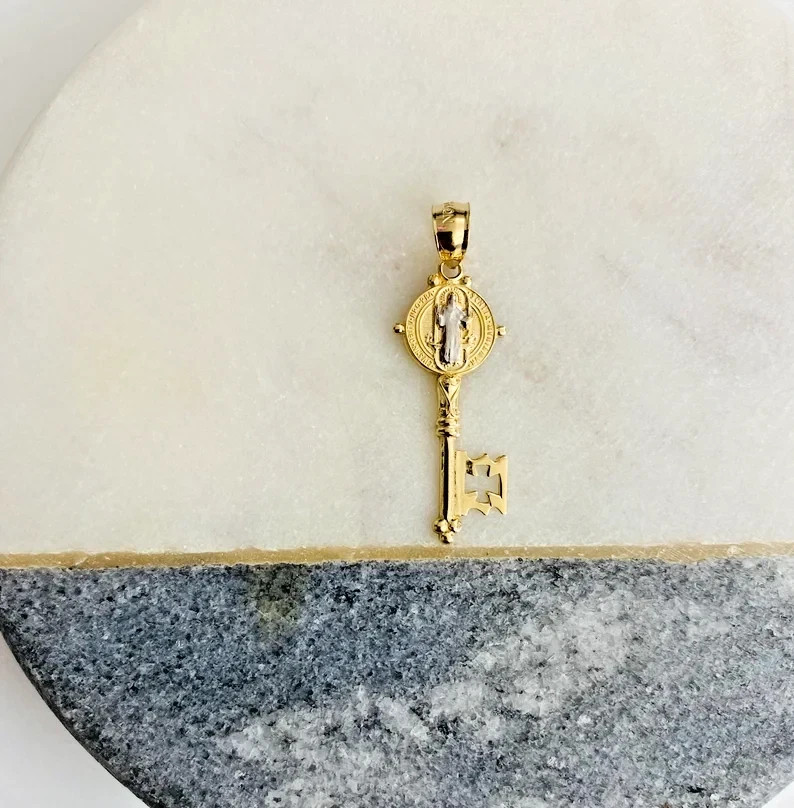 Small Tiny 14K Gold Saint Benedict Key Pendant – 1.3″ San Benito 2T Gold Charm