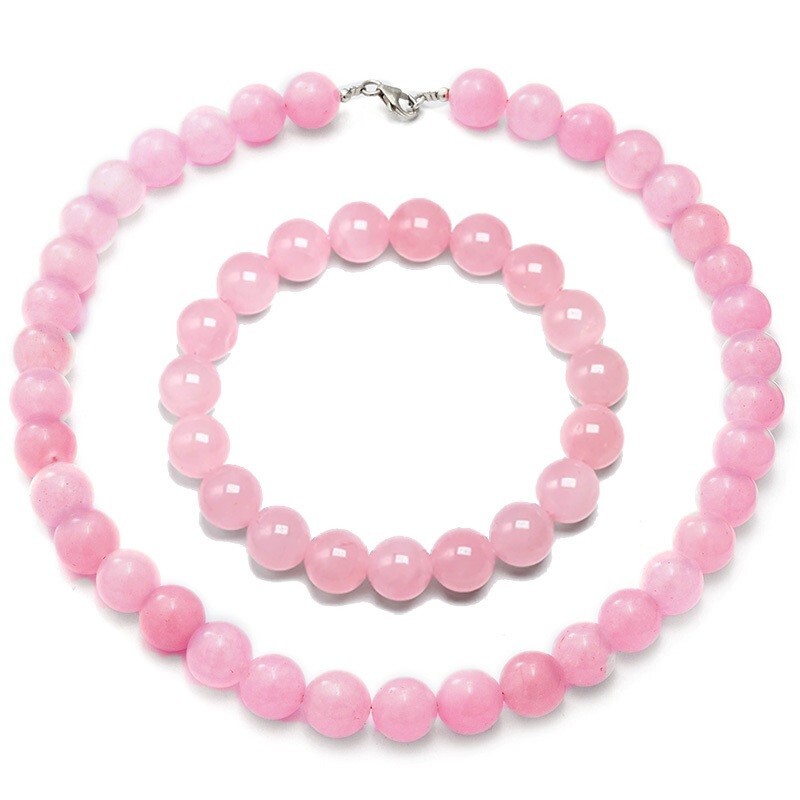2PcSet 925 Sterling Silver Womens Natural Pink Rose Quartz Necklace And Bracelet