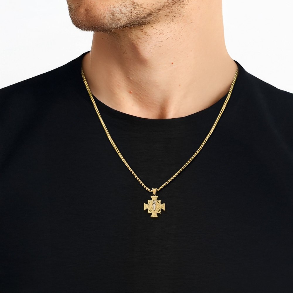 14K Yellow Gold Medium Saint Benedict Medal Pendant Necklace 25.5mm 1 inch