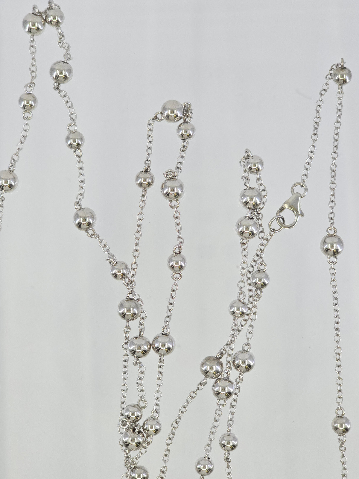 VTG 925 STERLING SILVER CURB LINK CHAIN & 6mm BEAD LONG STATION NECKLACE ~ 57 in