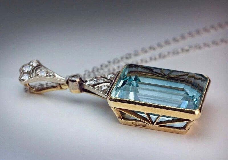 10 Ct Emerald Cut Aquamarine Solitaire Pendant 14K Yellow Gold Finish Free Chain
