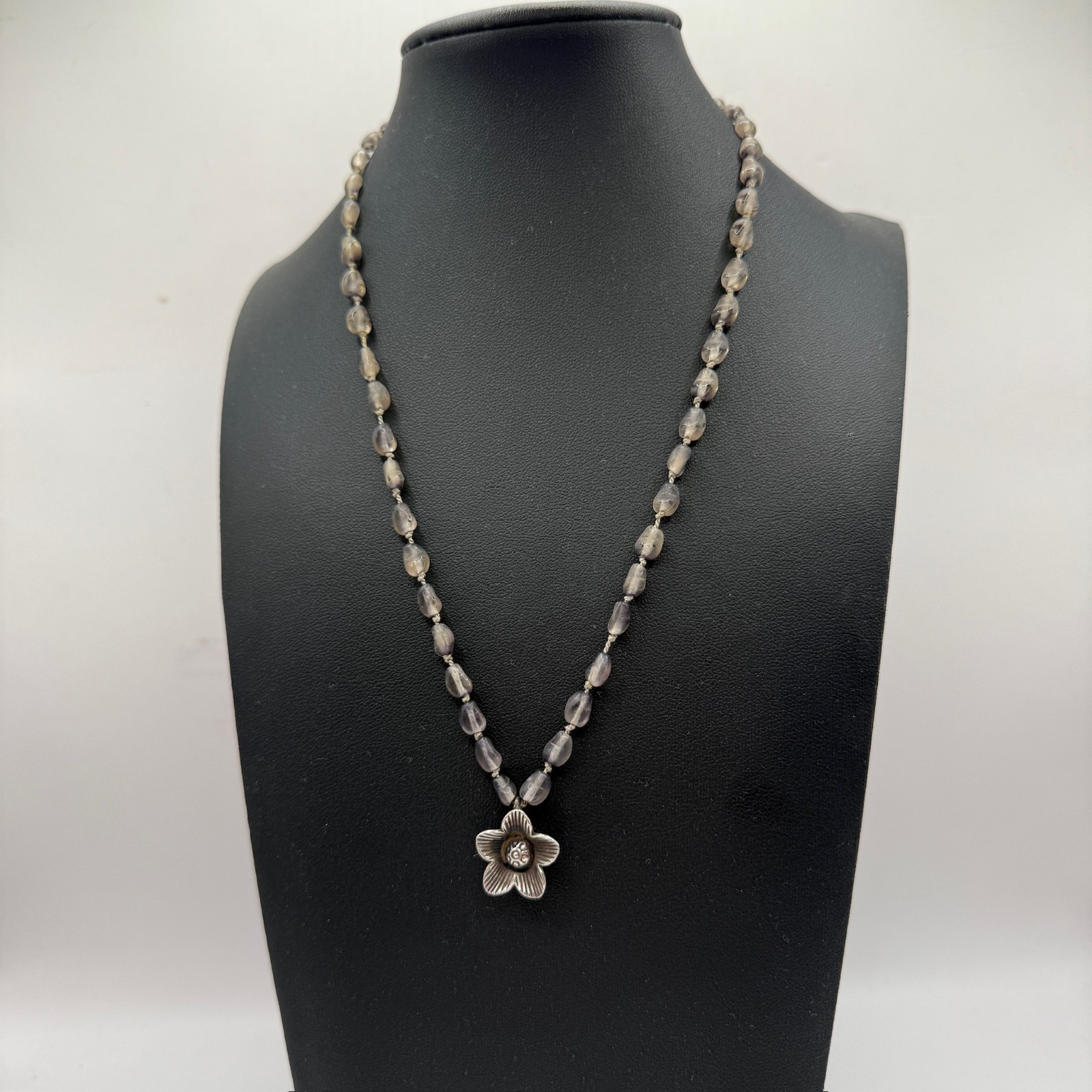Vintage Grey Smokey Beaded Necklace 925 Sterling Silver Flower Pendant Boho Goth