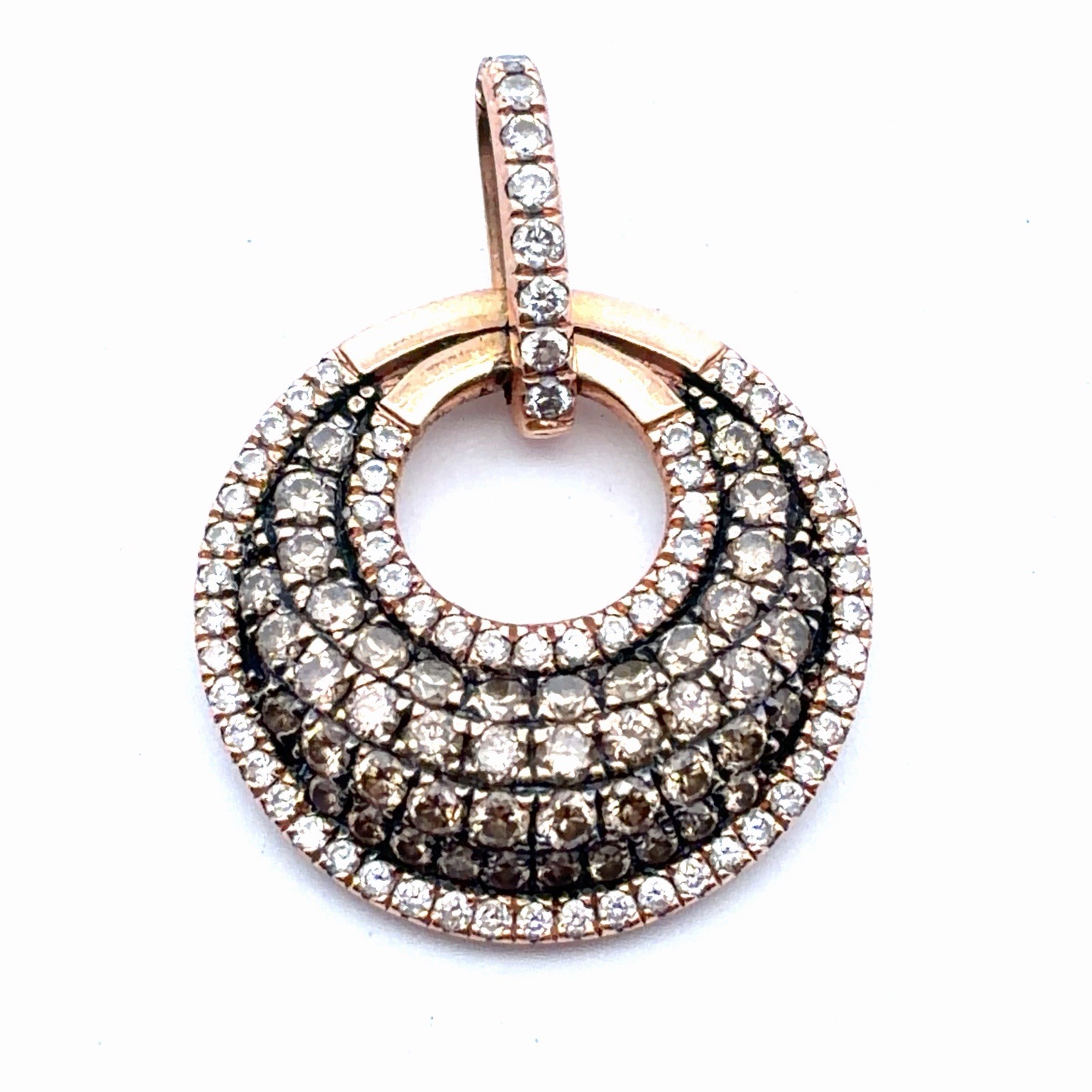 Estate 14K Rose Gold Enamel Pave Diamond Crescent Moon Circle Pendant