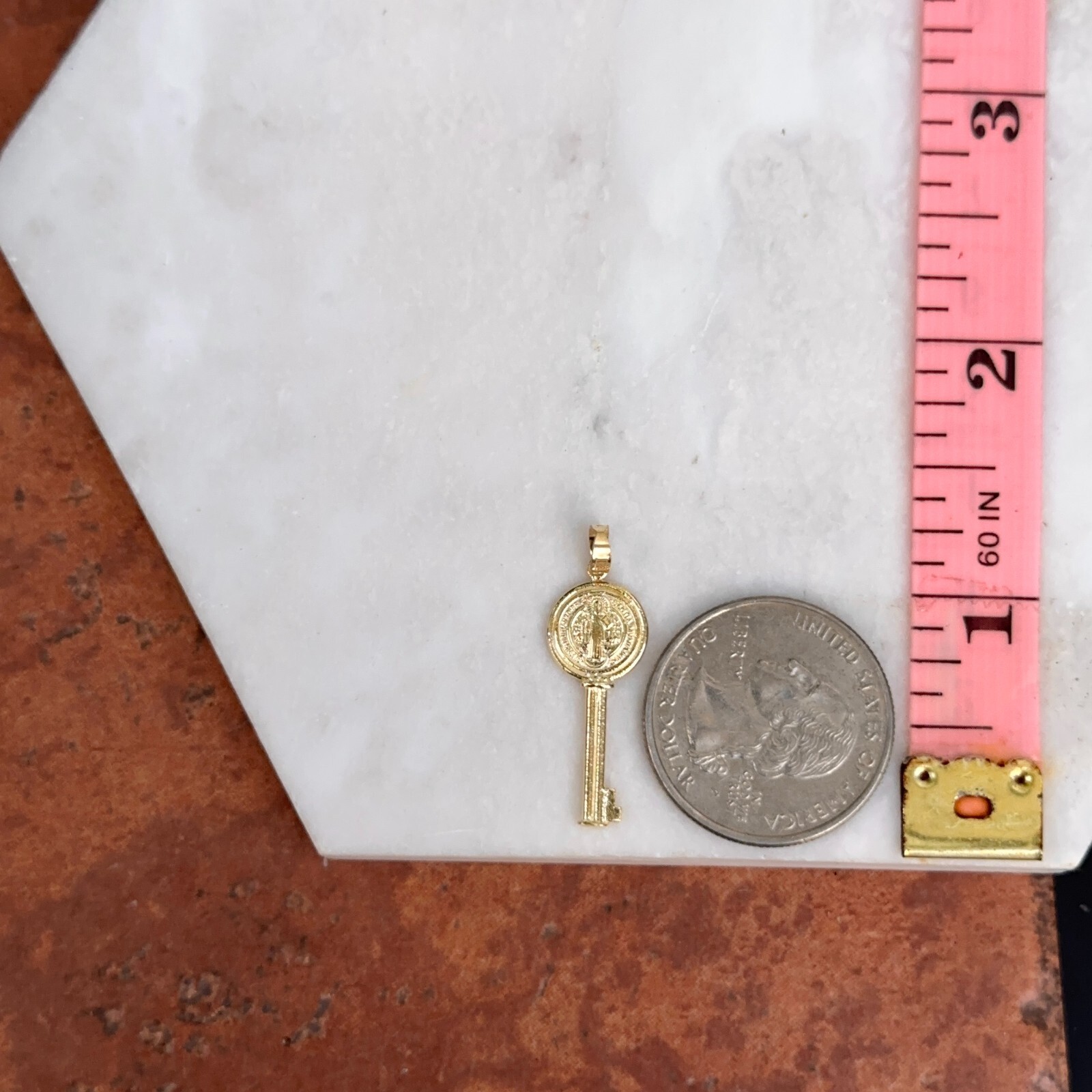 14KT Yellow Gold Solid St Benedict Key Medal Pendant Charm Reversible 23mm