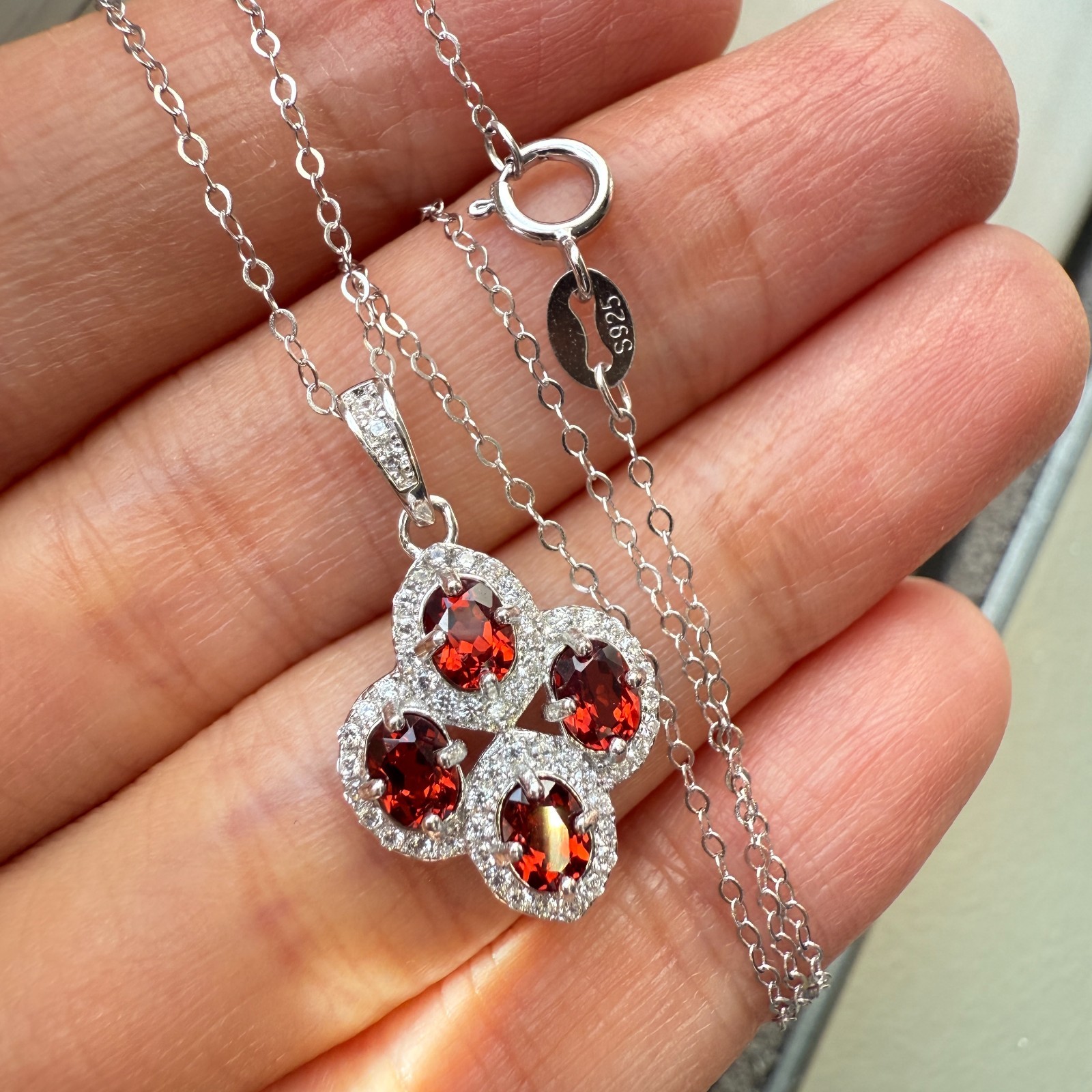 925 Sterling Silver Necklace 4x3mm Natural Garnet Gemstone Zircon Flower Chain