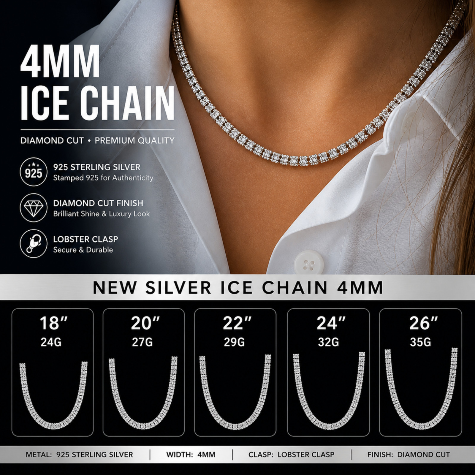 925 Sterling Silver 4mm Ice Link Chain Necklace Diamond Cut 18-26″