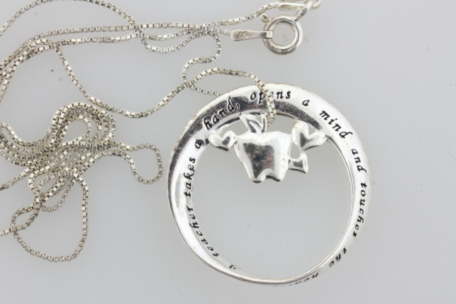 Sterling Silver 925 Teacher Appreciation Quote Slogan Charm Pendant Necklace 18″