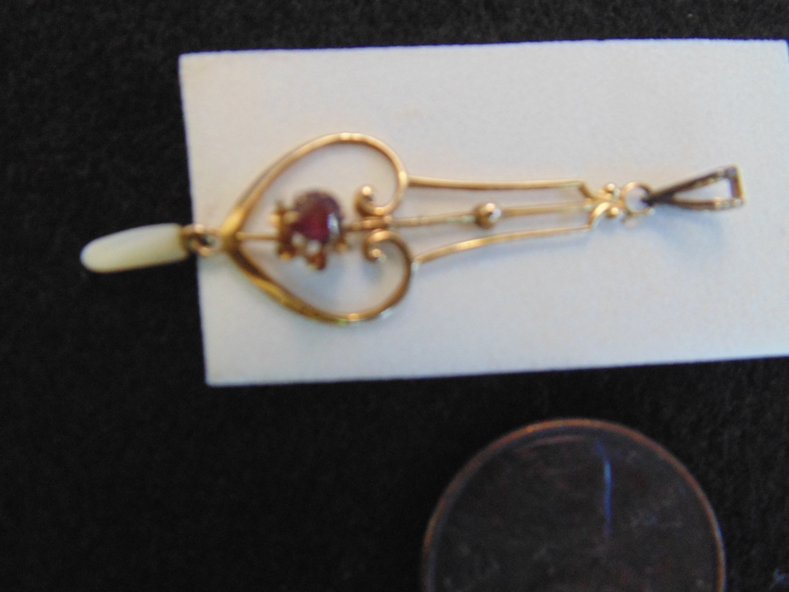 Antique Dainty Heart Lavalier Pendant Yellow Rose Gold Ruby Pearl Dangle