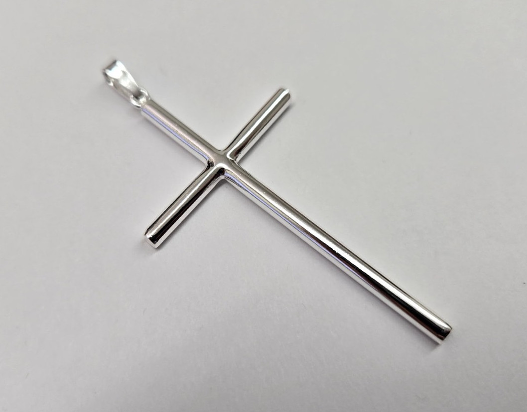 925 Sterling Silver Large Plain Tubular Cross Pendant 2 1/4 Inch Tall (56mm)