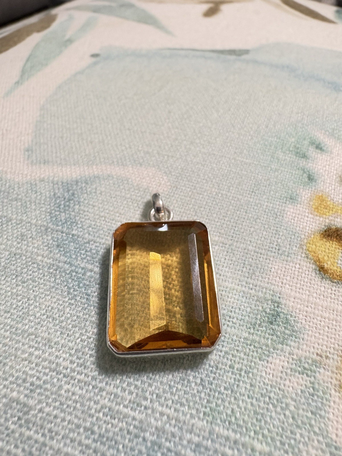 Sterling Silver Genuine 14Ct Emerald Cut Citrine Gemstone Pendant-Pendant Only