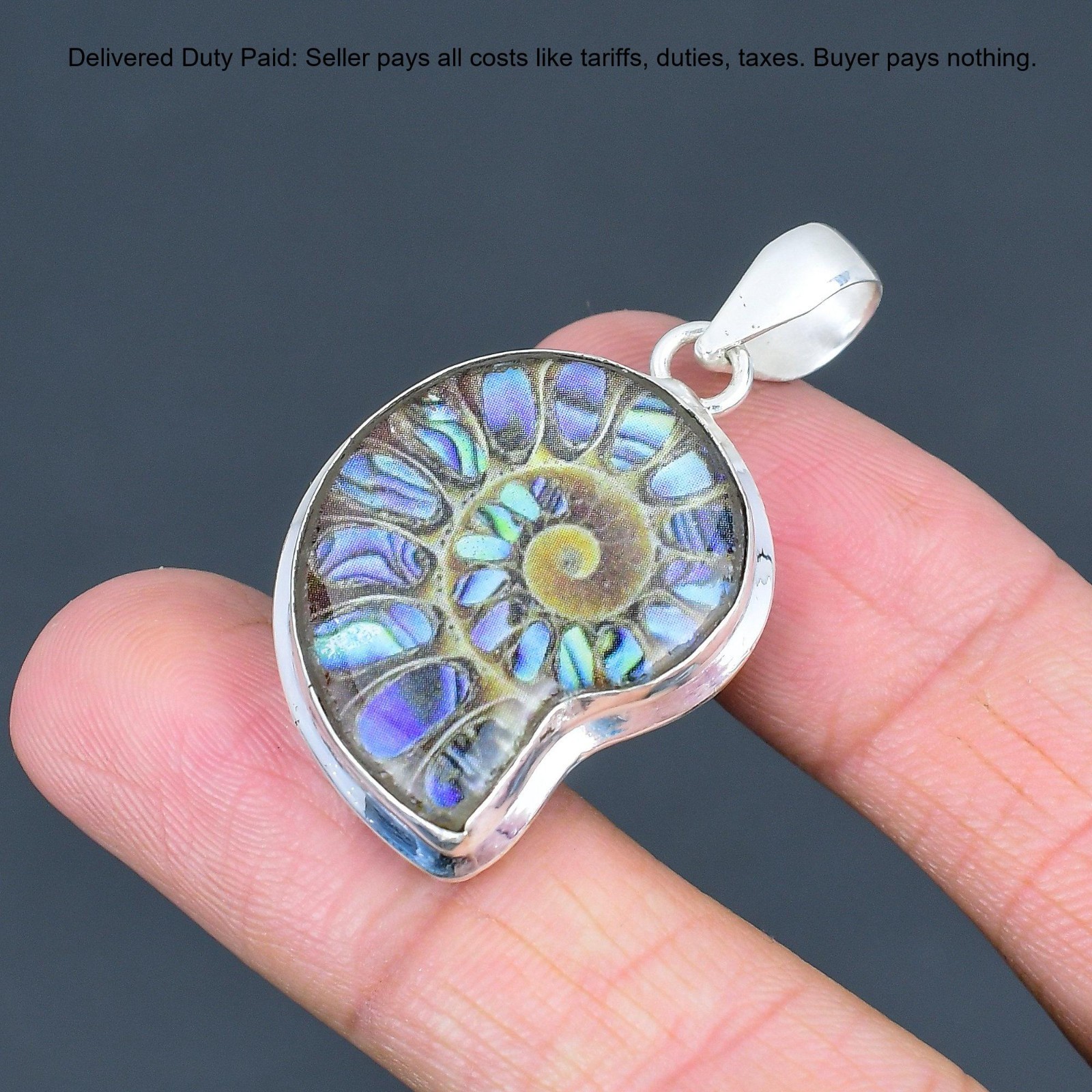 Natural Abalone Shell In Ammonite Doublet Opal Sterling Silver Pendant Jewelry