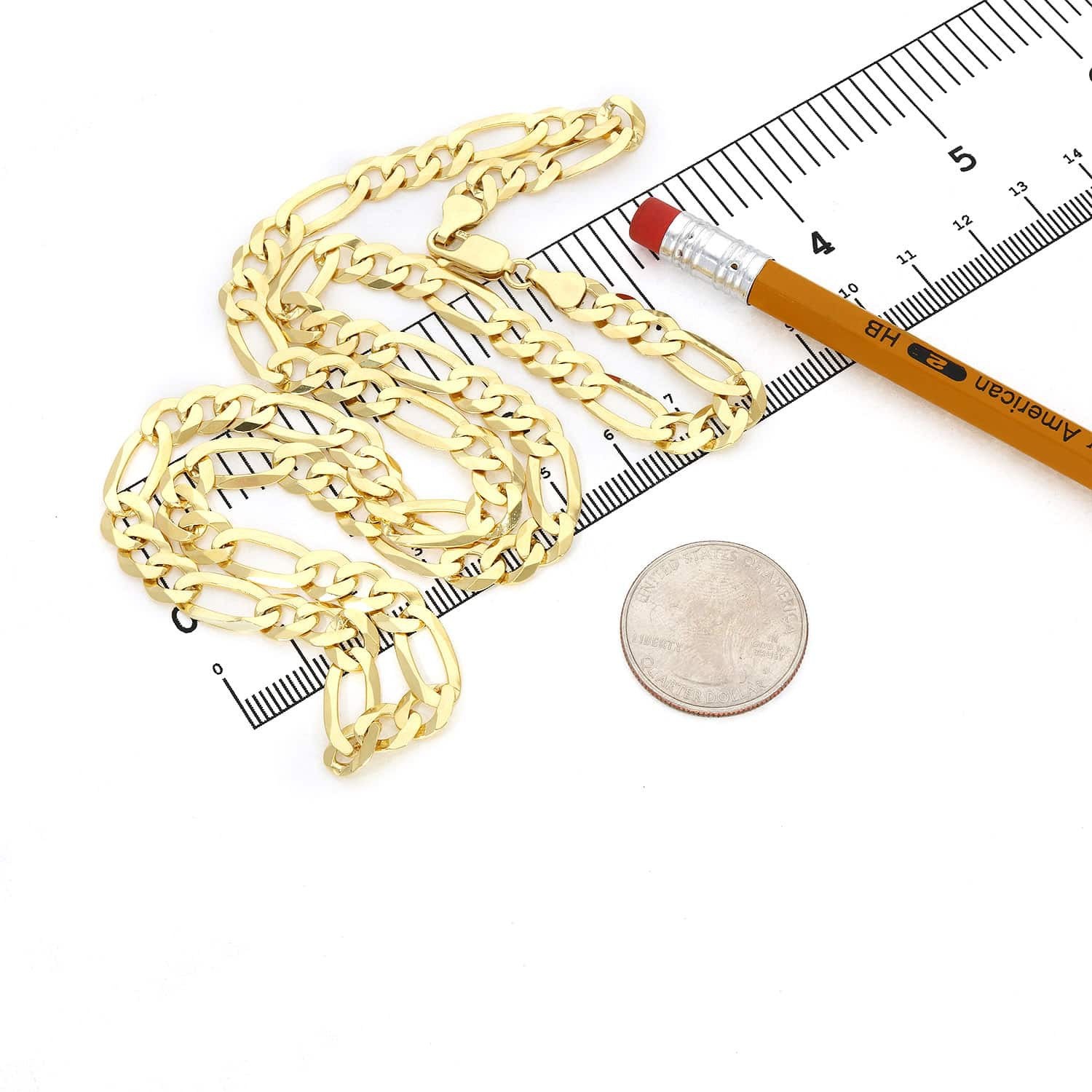 Solid 14K Yellow Gold Over Silver 7mm Figaro Chain Necklace 18″-24″