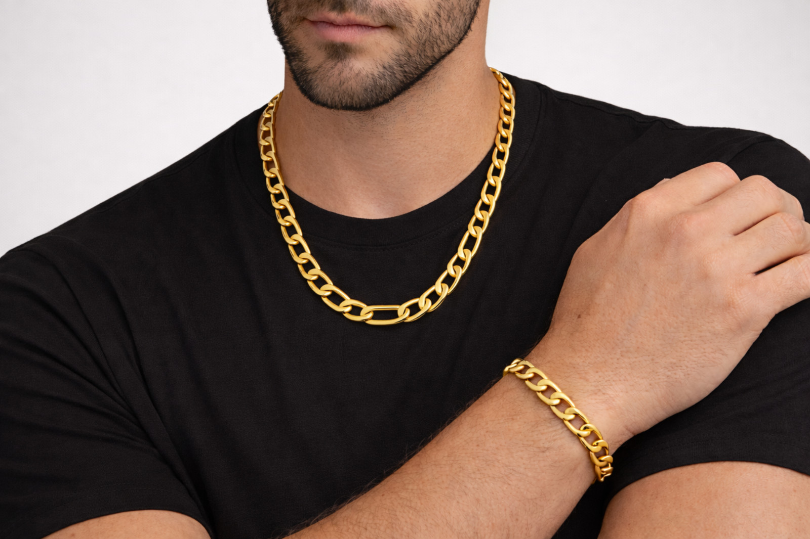 Italian 1/200 14k Yellow Gold Overlay Figaro Link Chain Necklace Bracelet Set