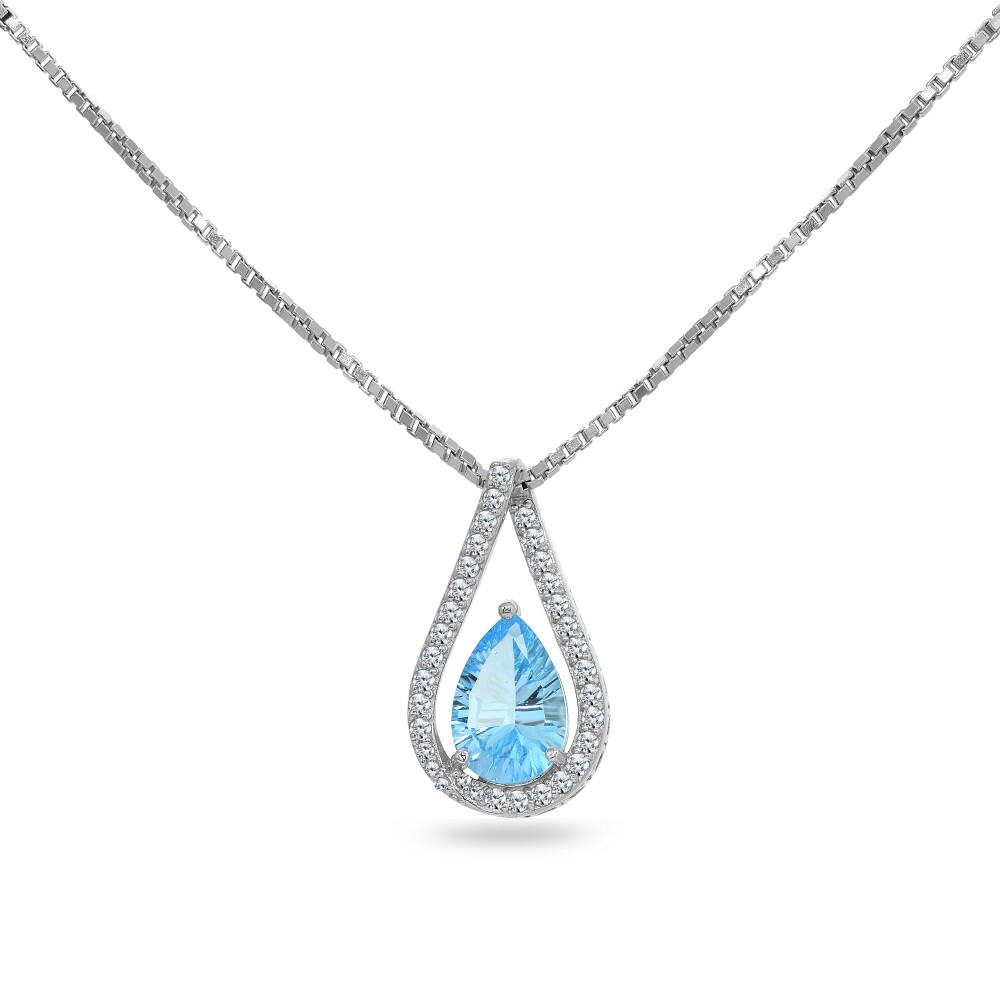 Teardrop Millennial-Cut 12x10mm Solitaire Blue Topaz 925 Silver Pendant Necklace