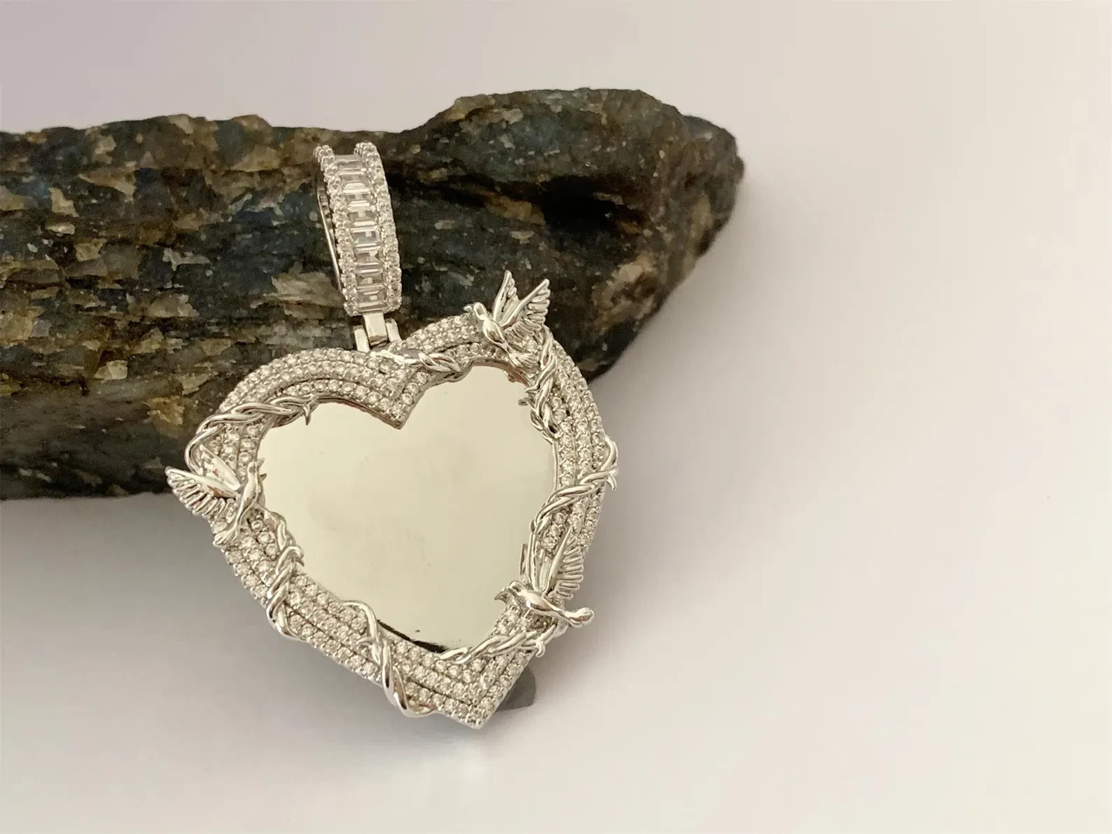 4ct Lab Created Diamond Custom Heart Memorial Photo Pendant 14k Gold Plated 2″